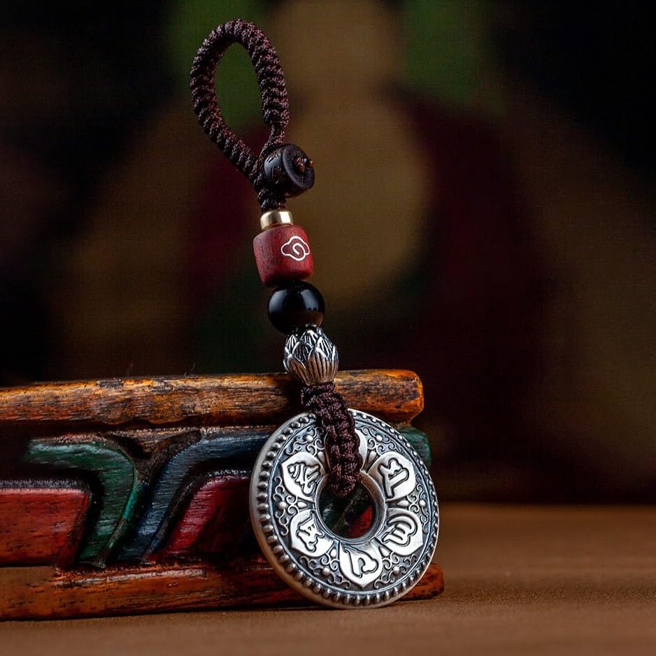 ENGENDER Llavero de Coche Llavero Colgante de Plata Maciza con Seis Palabras, Mantra, corazón, Sutra, Hebilla la Paz, Regalo, joyería, Mochila, decoración for Llaves