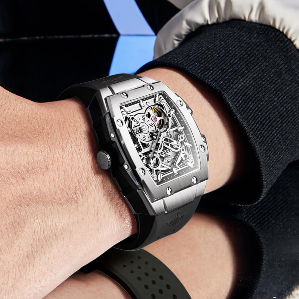 OUPINKE Watch Men Self Winding Luxury Skeleton Mechanical Business Dress Square Wrist Watches Calendar Black Watches