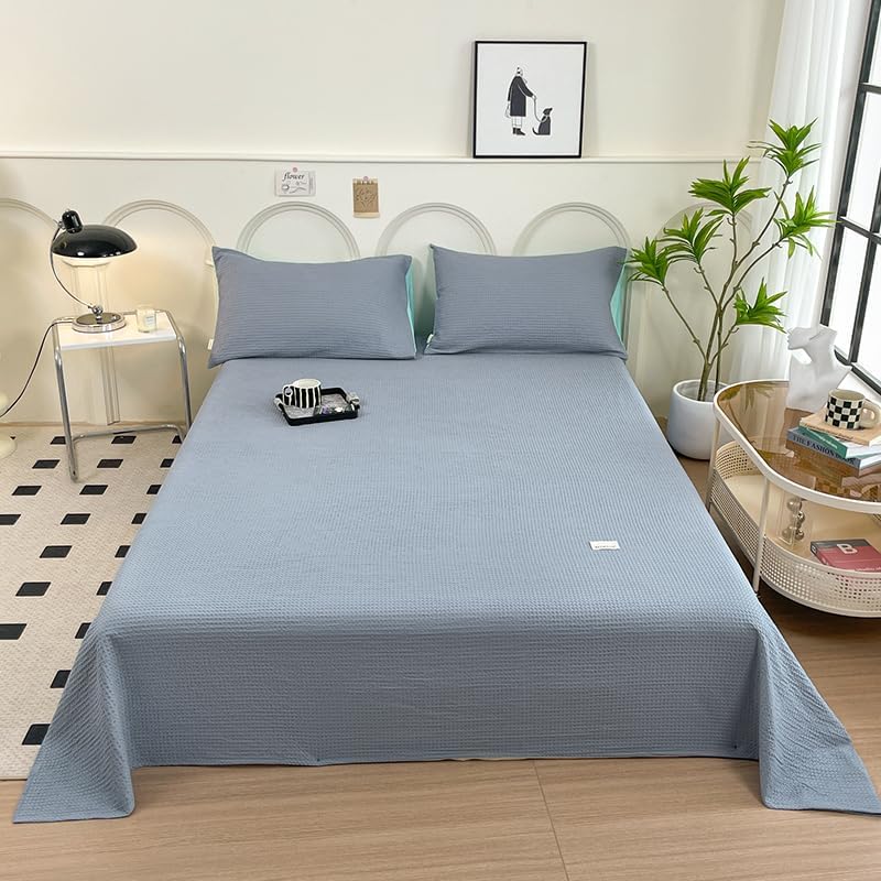 3D Waffle Weave 100% Cotton Breathable Bed Flat Sheet Only Luxury King Size Sheet for All Seasons, Light Steel Blue