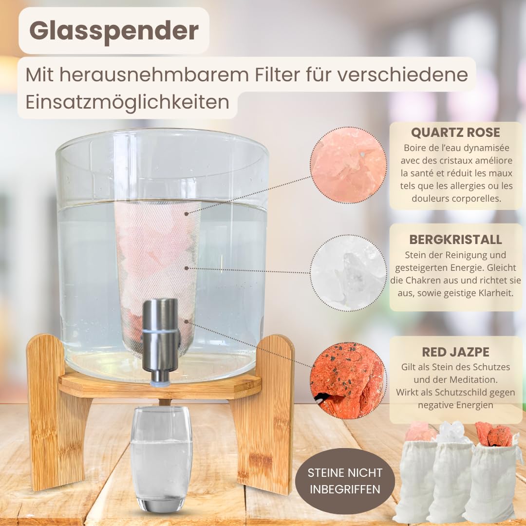 Getränkespender aus Glas mit Hahn, therapeutischen Steinen, Deckel und Ständer aus Bambusholz, inklusive Filter zum Mischen im Innenbereich, 5 Liter