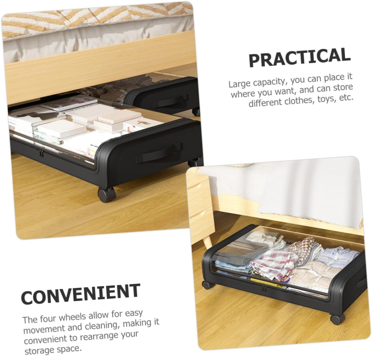 Bed Storage Basket Wheels Non-woven Organizer for Clothes Toys and Shoes Easy for Bedroom Black Lid