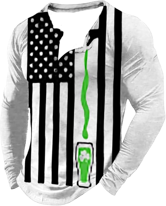 Men's St Patricks Day Henley Shirt Shamrock Flag Print Stand Collar Trendy Long Sleeved Oversized Gr&hellip;