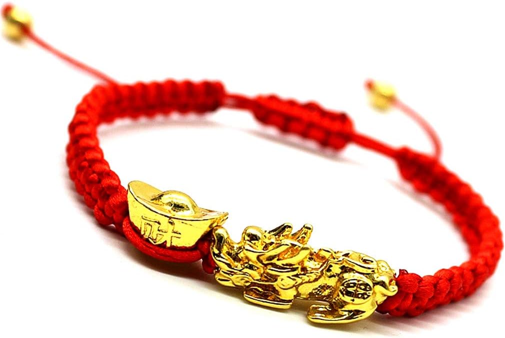 Feng Shui The Best Red String Bracelet with Pi Xiu/Pi Yao and Carved Mantra Golden Good Luck Bead/Wealth Ingots Bracelet Jewelry