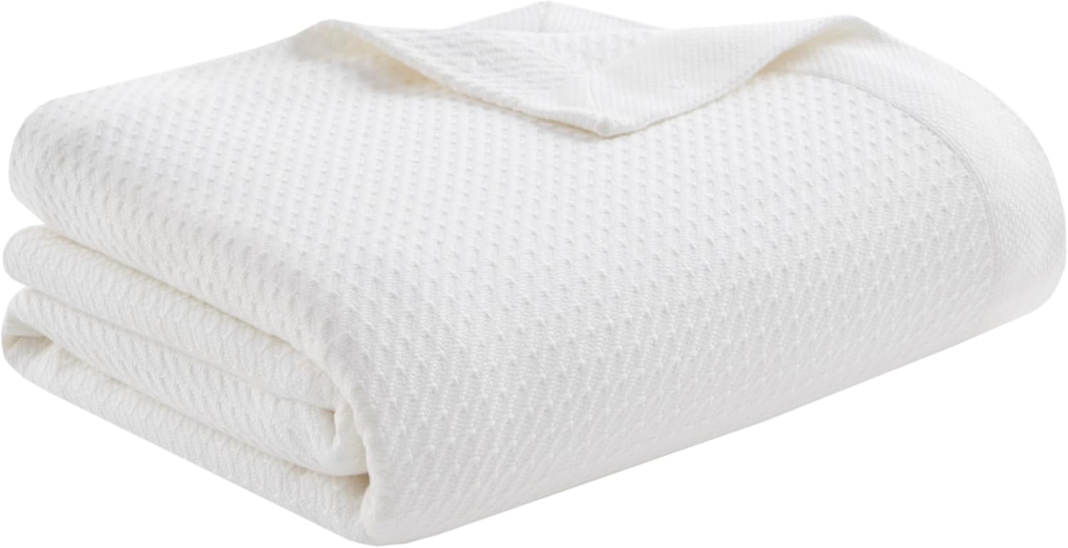 Madison Park 100% Egyptian Cotton Lightweight Summer Blanket, Breathable Waffle Knit Design, Soft Cozy All-Season Throw for Bed, Couch or Sofa, White King Size (108"x90")