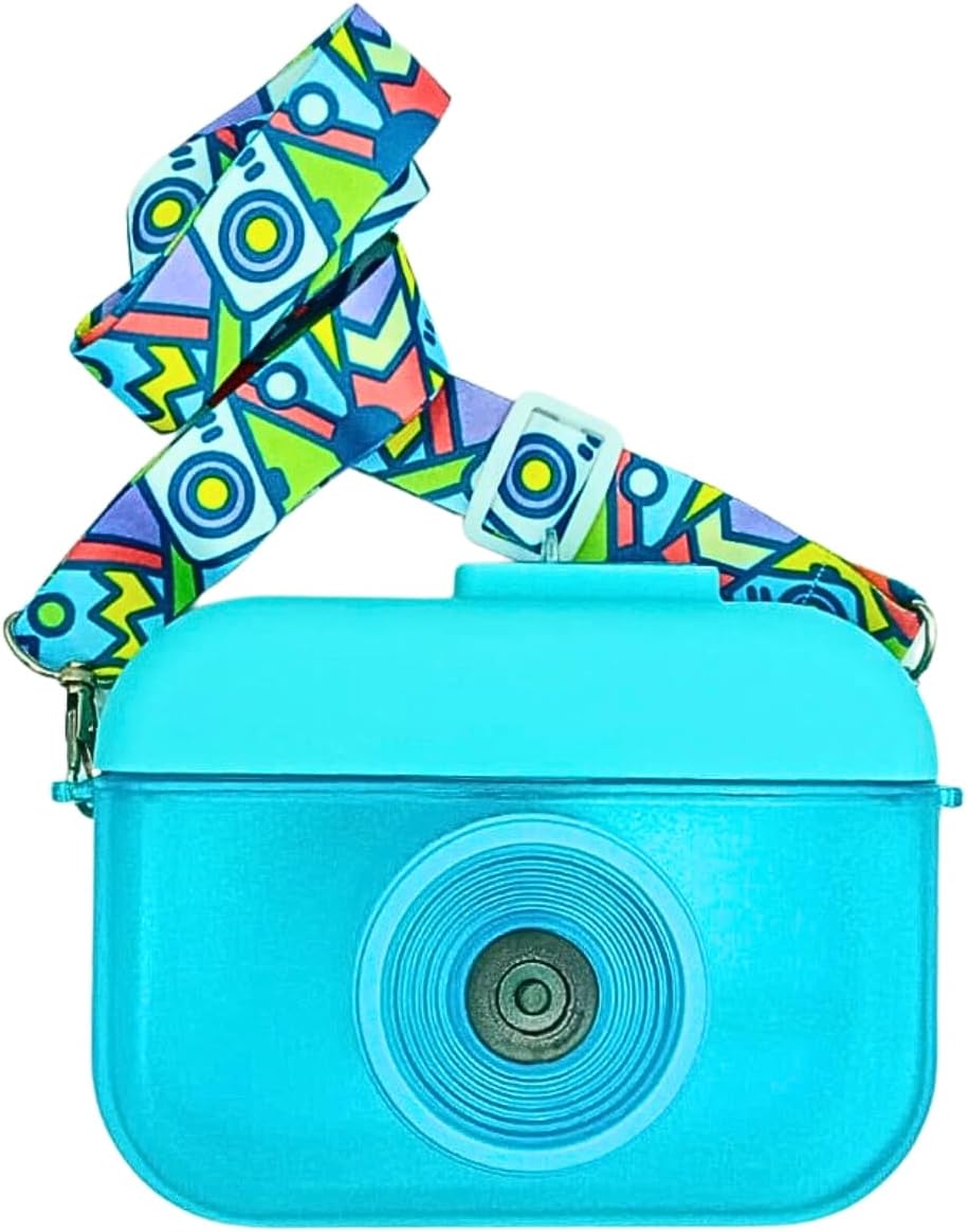 Camera Cool Kids Blue Water Bottle with Shoulder Strap | Water Capacity 400ml | Unique Camera Design, Vibrant Blue Color, Durable Plastic, Stylish, Hydration on the Go, | Office | Home | School | Work