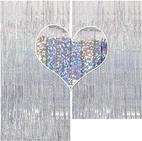 Image of CYLMFC Foil Fringe Curtains - 2 Packs 3ftx8ft Sparkle Metallic Curtains Party Decorations Photo Booth Decorations Party Supplier - Sliver