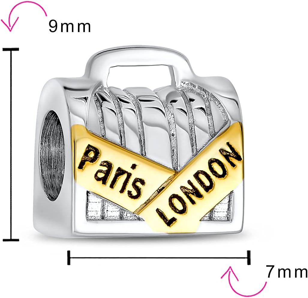 Bling Jewelry Vacation Honeymoon Tourism London Paris Travel Suitcase Luggage Charm Bead For Women Teens Two Tone 14K Gold Plated .925 Sterling Silver Fits European Bracelet