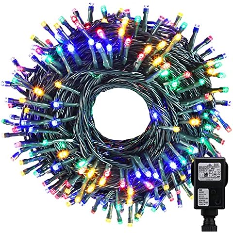 Christmas Lights Outdoor 20M/65ft, 200 LED Christmas Tree Lights for Indoor/Outdoor, Multicoloured Fairy Lights Mains Powered, Timer, Christmas String Lights for Xmas Tree, Garden, Party (Green Cable) Cover