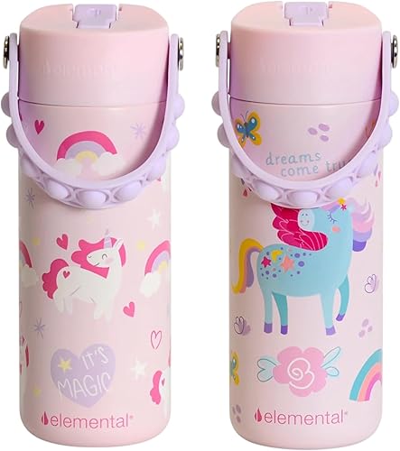 Miniatura 19 de Elemental Botella de agua aislada para niños, botella de agua de acero inoxidable con tapa de popote y asa Pop-it, botellas de agua a prueba de