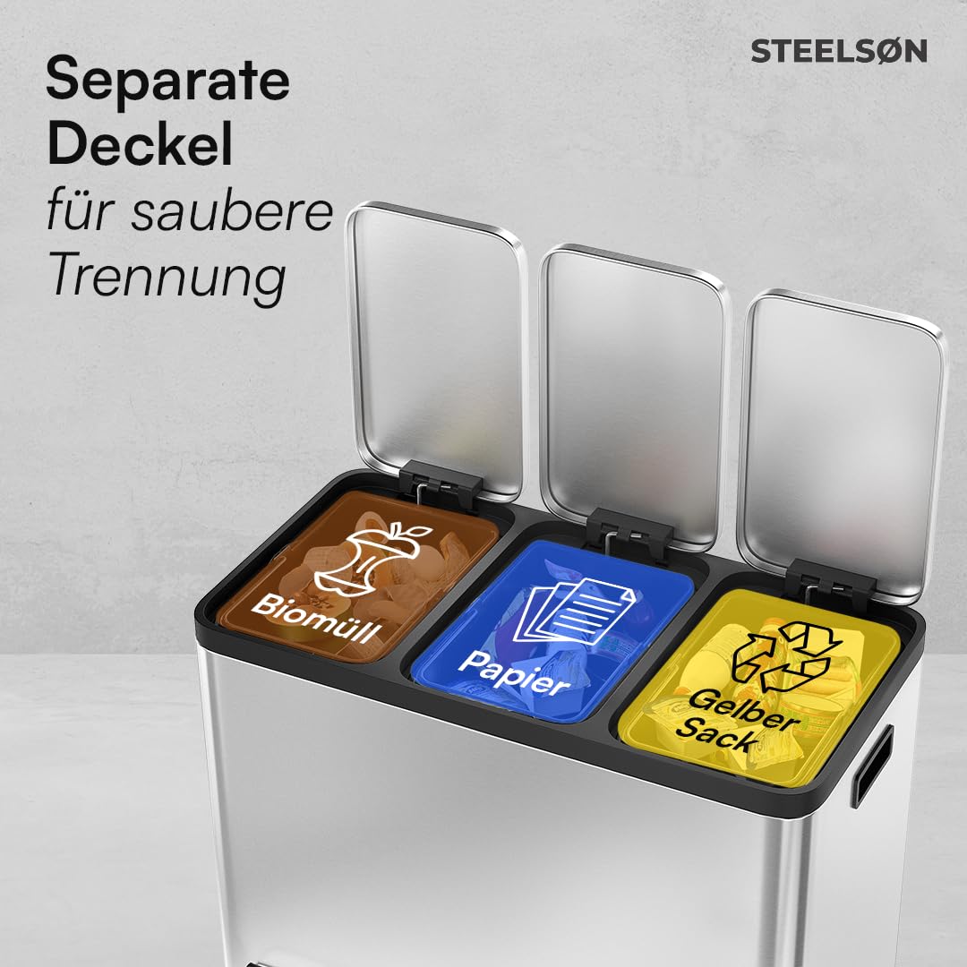 STEELSØN Epsilon Mülleimer 3x15L, 3 Fächer, aus Edelstahl in Silber | Mülltrennsystem Küche, Tretmülleimer mit Soft-Close-Deckel, Abfalleimer + herausnehmbaren Inneneimern für Recycling/Restmüll