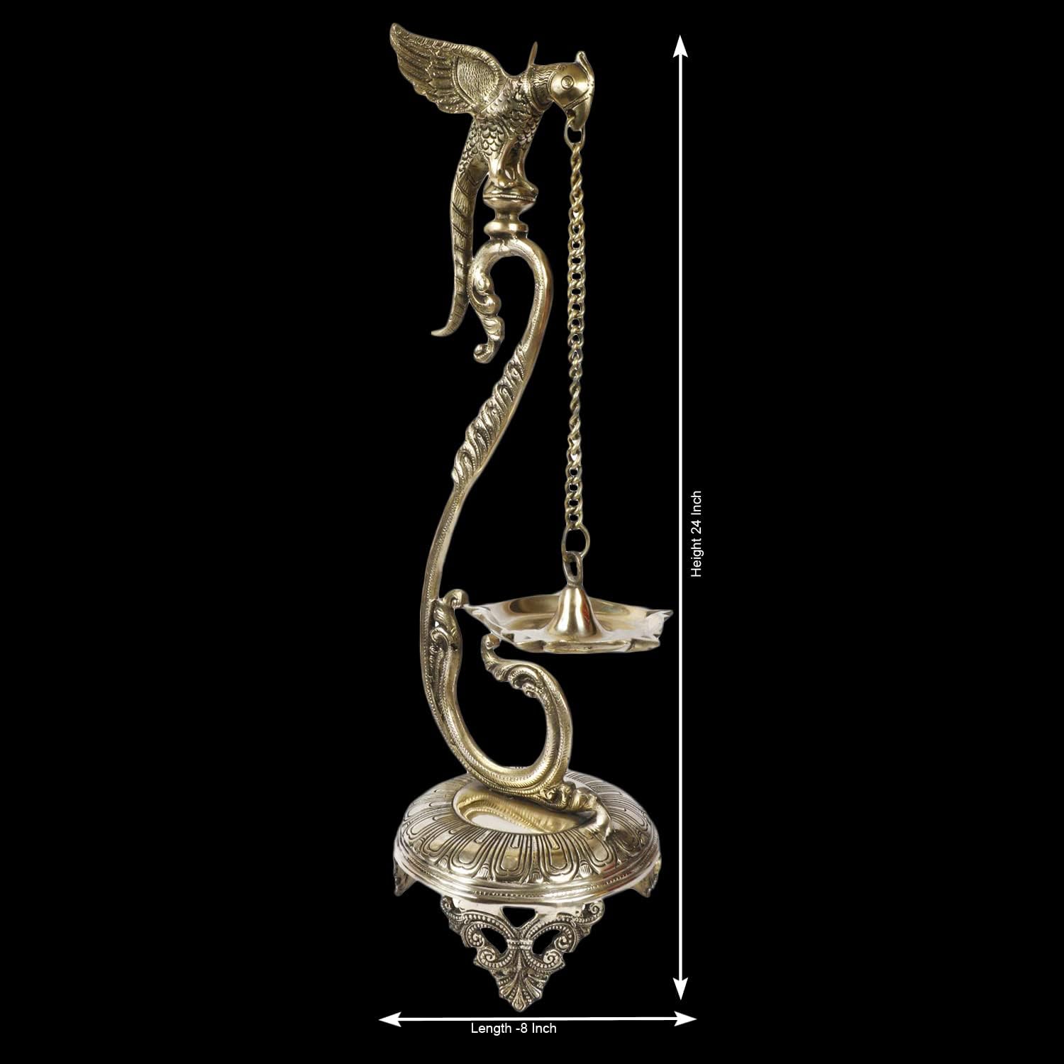 Kartique Brass Parrot Long Chain Oil Lamp Diya Deepam for Home Temple Deepak Pooja Camphor Kapoor Kapur Burner Dia Table Top Puja Jyot Gold Color Height 24 Inch