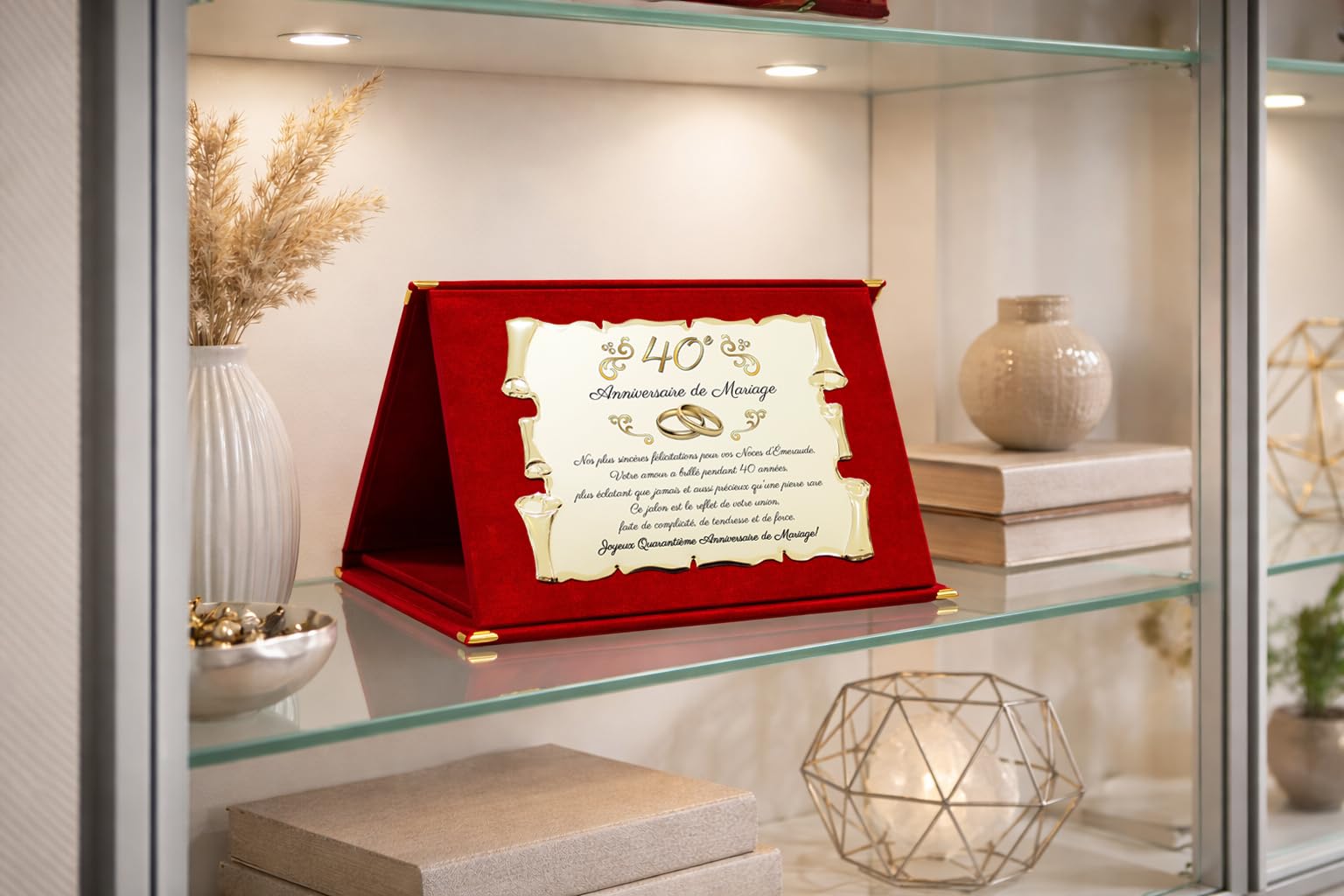 Placa de recuerdo elegante para 40º aniversario de boda | Regalo cuadragésimo | Bodas de Esmeralda | Pergamino de metal dorado decorativo con dedicatorio (rojo, 40 años)