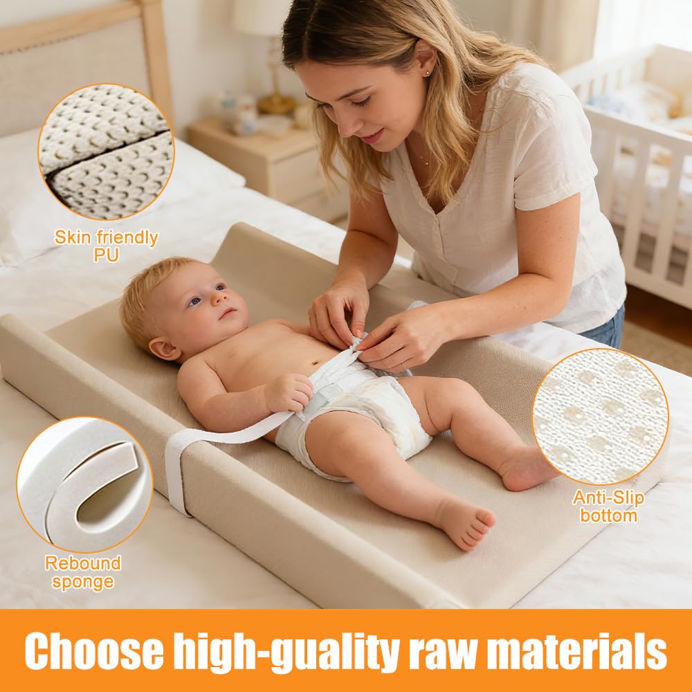 Matelas à langer pour bébé, avec sangle de sécurité, côtés incurvés et bords surélevés, pour commode et table