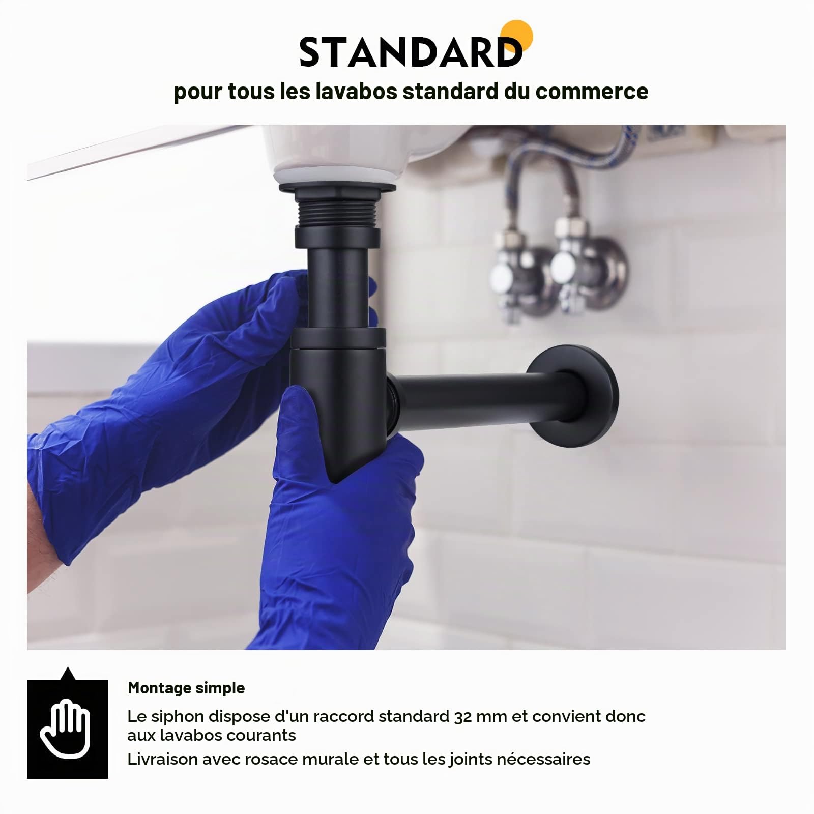 Siphon avec vidage, siphon noir pour lavabos et avec trop-plein, siphon bouteille 1 1/4 x 32 mm, réglable en hauteur