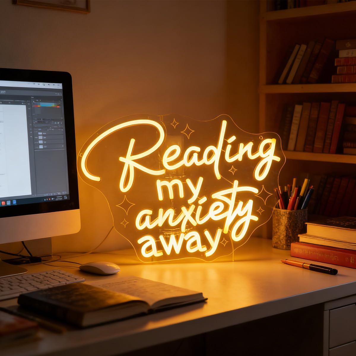 "Reading, My Anxiety Away" Book Lover's Neon Light -LED Wall Art for Cozy Reading Nook, Library, Study or Bedroom Decor, Dimmable USB with Hanging Kit, Thoughtful Gift for Bookworms & Mental Wellness