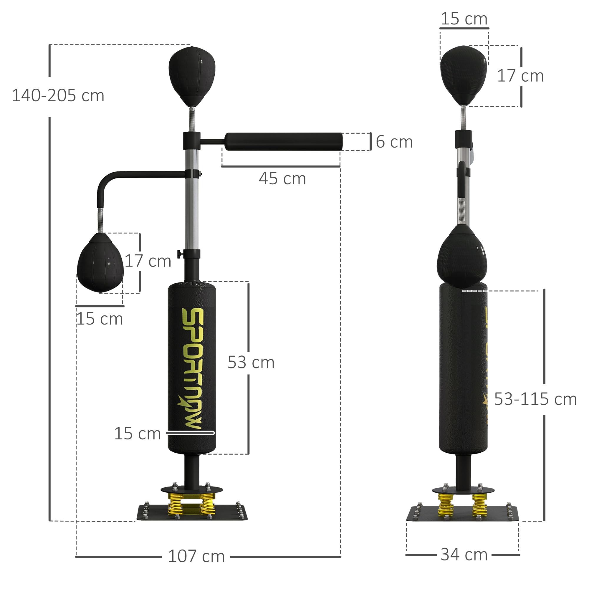 SPORTNOW Boxsack freistehend 140-205cm aufblasbarer Standboxsack mit Pumpe, Saugfuß 2 Reflexsbälle Punchingball Set höhenverstellbar Kickboxsack Speed Ball für Erwachsene Jugendliche Krafttraining