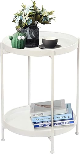 Whtie Mesa auxiliar de metal blanco moderno mesita de noche pequeña mesa redonda bandeja de metal mesa auxiliar para sala de estar dormitorio cocina