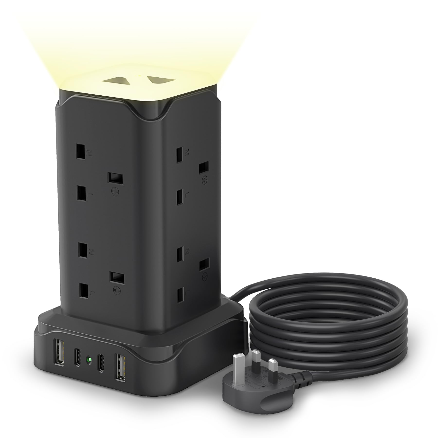 Tower Extension Lead with USB C Solts and LED Night Light, 13A 3250W 4 USB Ports, 8-Way Standing Up Power Tower, 1800J Surge Protection, 2 Metres Extension Cord, Fire Resistant and Sturdy