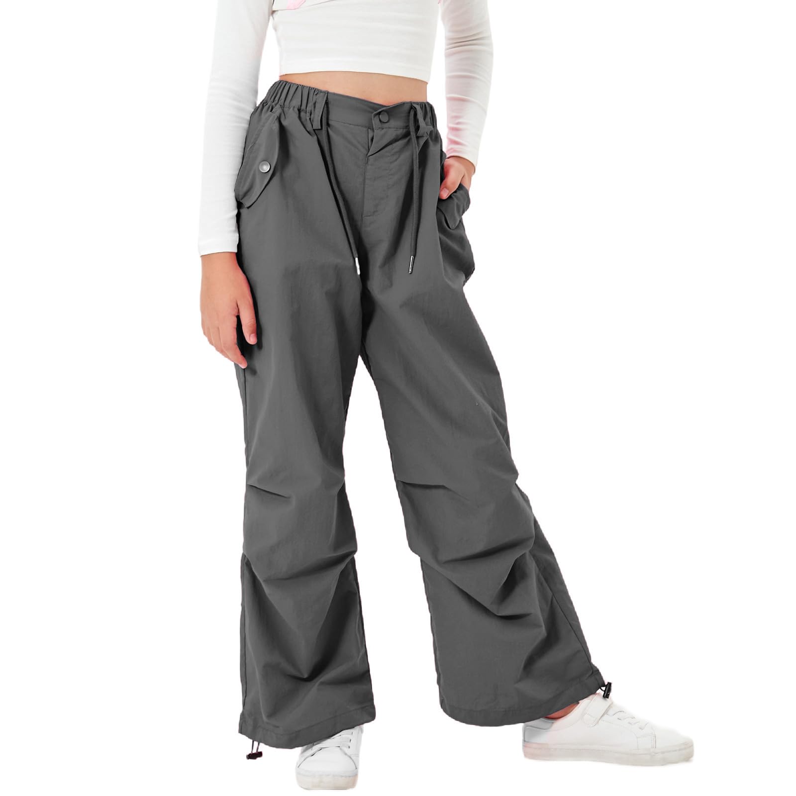 Rolanko Pantalones de paracaídas para niñas, pantalones cargo Y2K con bolsillos, pantalones deportivos Harajuku para niños de 4 a 14 años