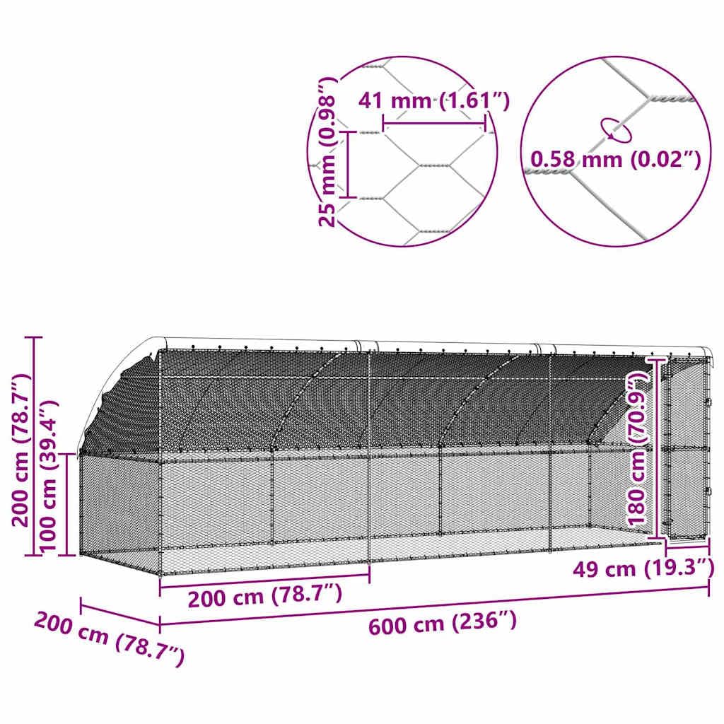 Gabbia per polli, 3 pezzi, argento, in acciaio zincato, 600 x 200 x 200 cm, con tetto impermeabile, richiudibile, resistente alle intemperie, per esterni, protezione e recinzione per pollame e