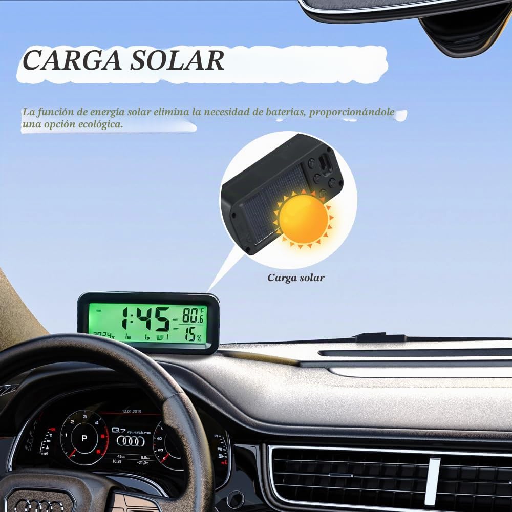 Reloj para Salpicadero de Coche,Reloj Digital Recargable Solar,Mini Relojs Digital Solar para Salpicadero de Coche,Pantalla LCD, Fecha,Temperatura,Pequeño y Manejable Autoadhesivo
