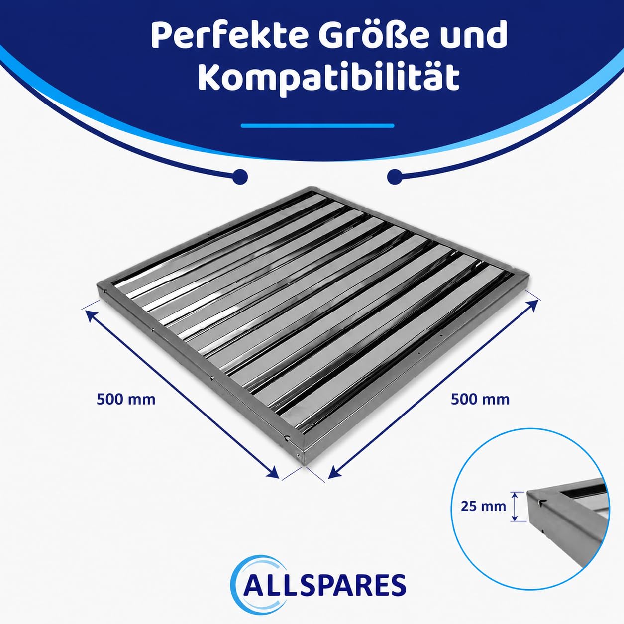 AllSpares Flammschutzfilter Typ B für Dunstabzugshaube aus Edelstahl AISI 304 | Metallfettfilter für Gastronomie und Industrieeinsatz| Fettfilter Abzugshaube 500 x 500 x 25 mm