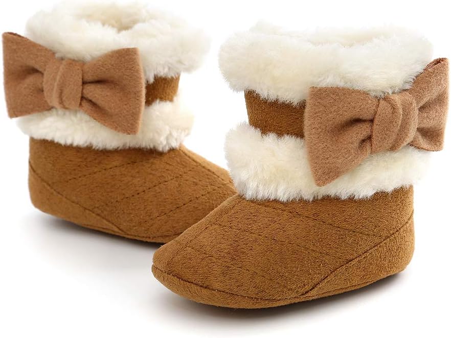 ESTAMICO Baby Girl Plush Winter Snow Bowknot Boots 12-18 Months Toddler Brown
