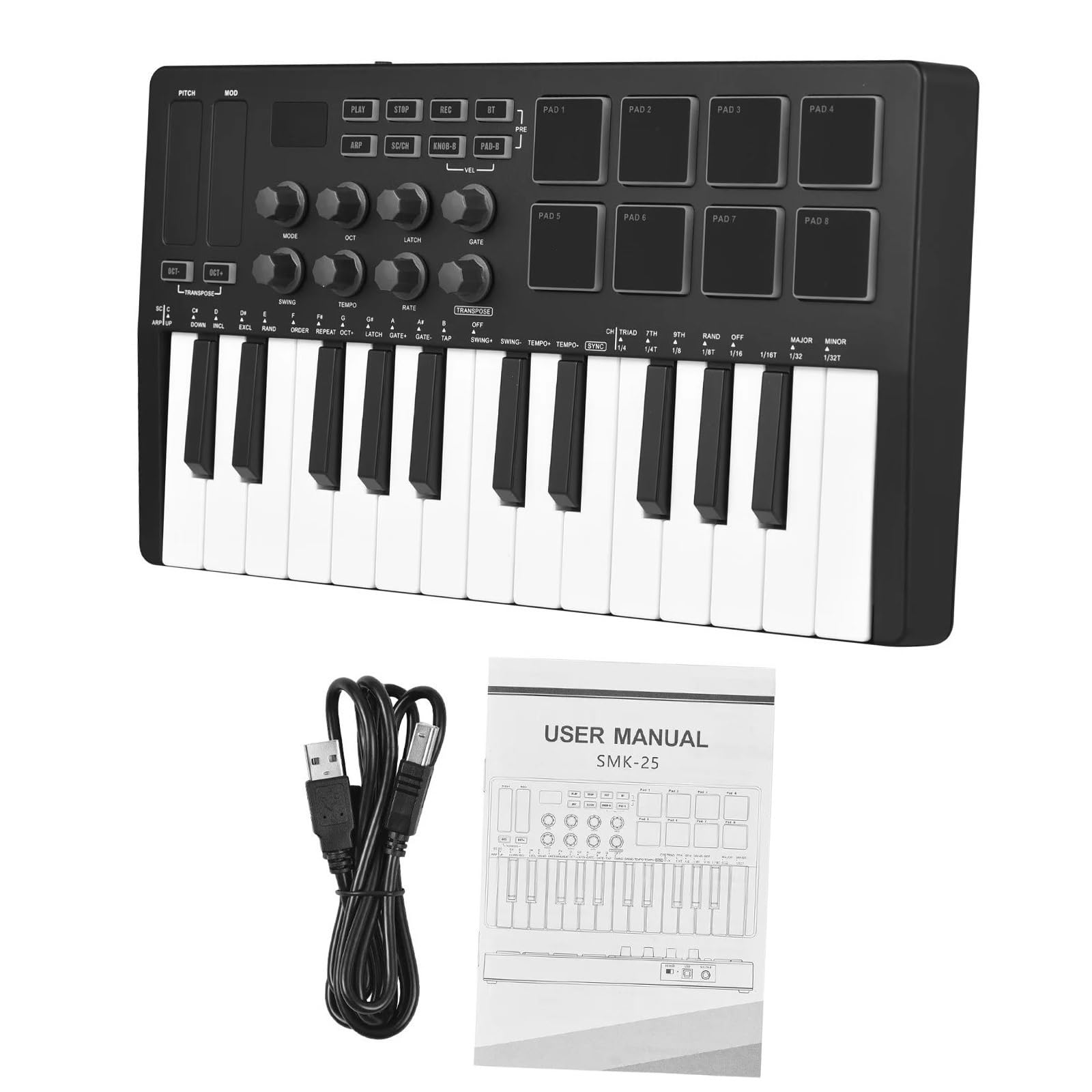 Controlador de teclado MIDI de 25 teclas USB inalámbrico con 8 almohadillas de batería retroiluminadas, 8 perillas, 2 tiras táctiles para producción y actuación musical