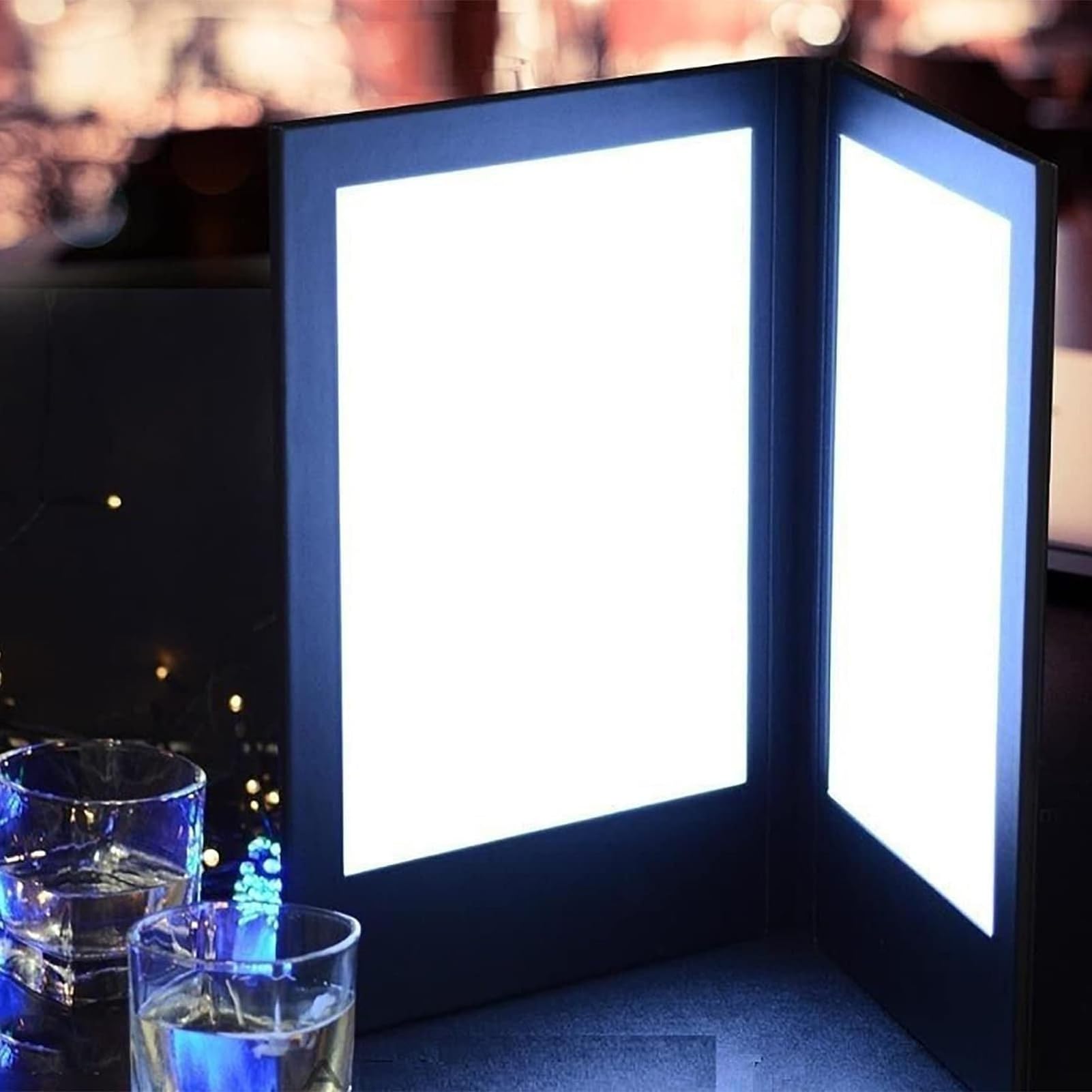 A5 - Cubiertas de menú con iluminación LED, soporte de menú de panel individual o doble, cubierta de menú de visión clara con protectores de cuero para restaurantes, bares, cafeterías