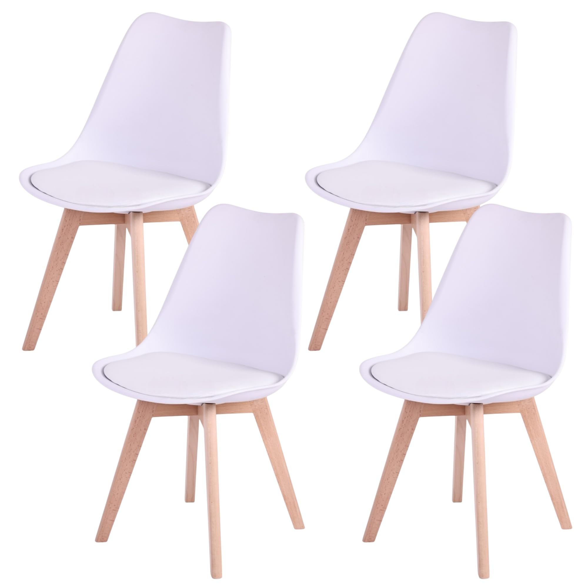 Sillas de Comedor Mikomika Synk Basic - Pack de 4 Sillas Nórdicas en Blanco, Negro y Gris con Asiento Tapizado y Patas de Madera de Haya Maciza (Blanco)