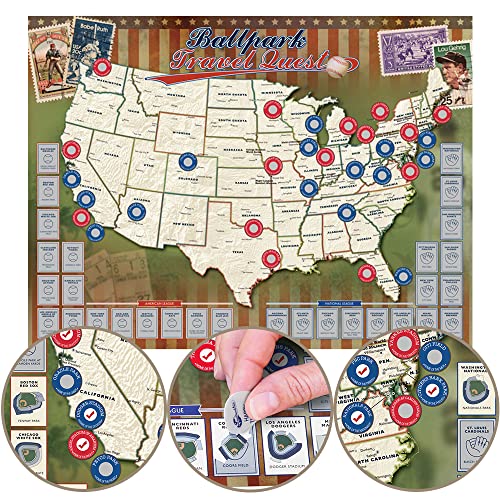 Product Image of the Map Your Travels Ballpark Travel Quest Scratch Off Map Print | Includes Gift Wrap Tube | Includes Scratch-Off Tool (18'x24')