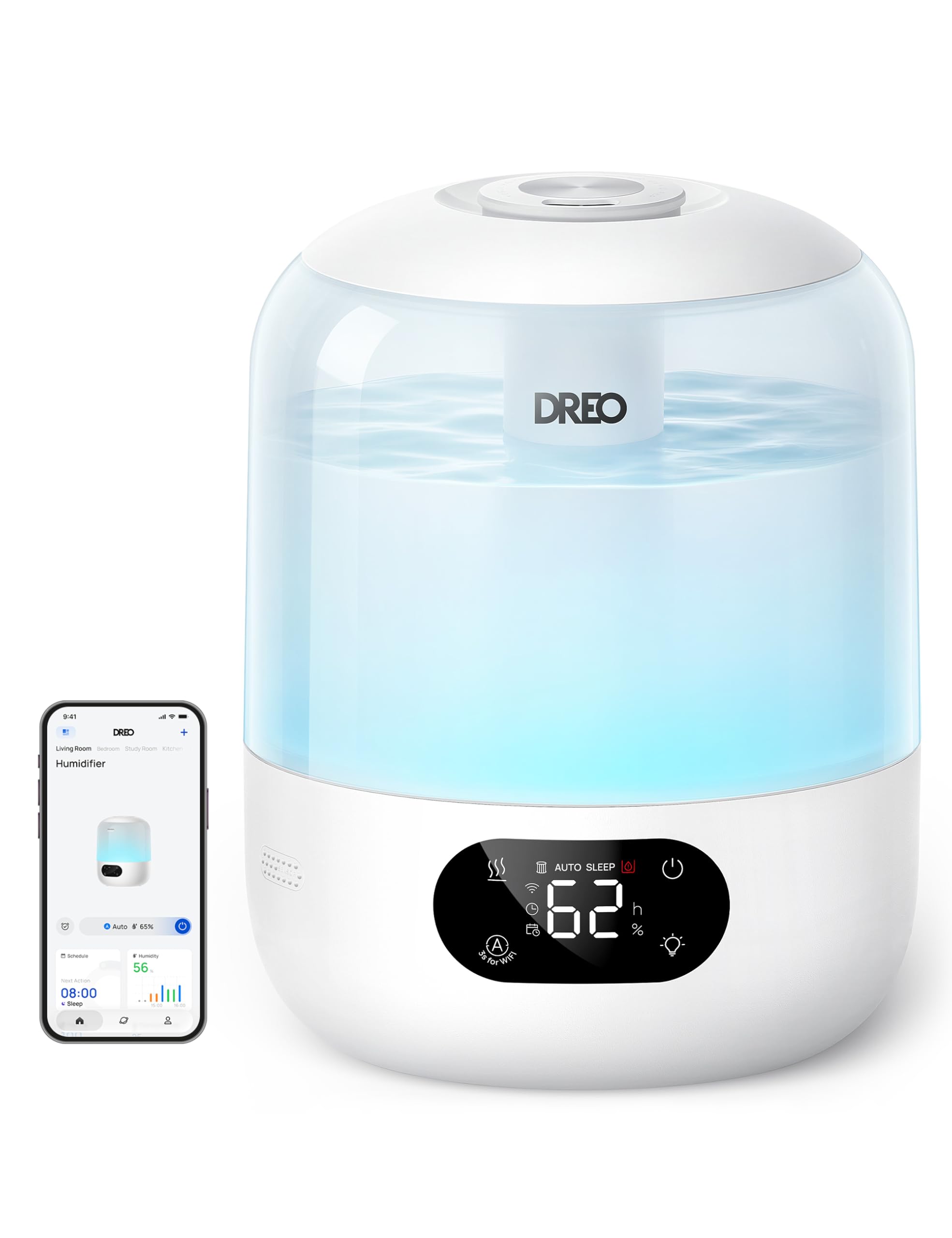 DREO Humidificateur chambre 3 L, Wi‑Fi, capteur d’humidité