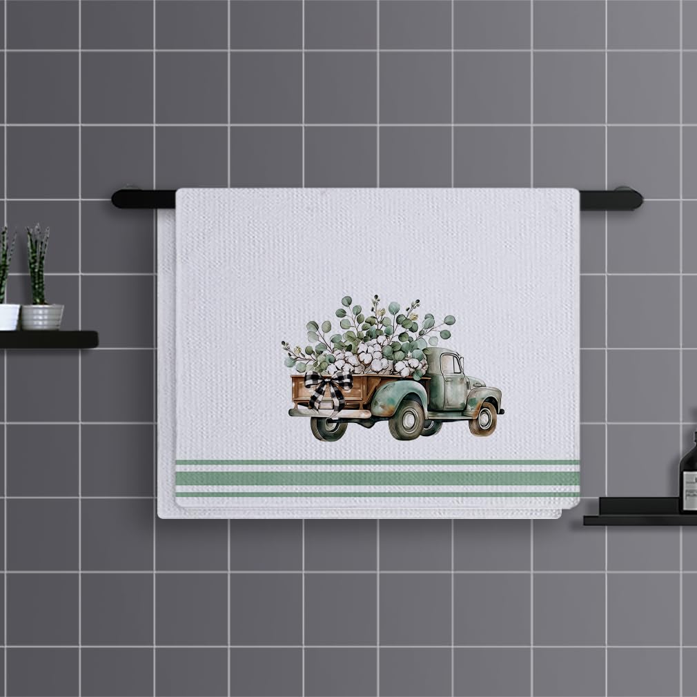 Trapos Cocina Hojas Automóviles Verdes Paños de Cocina Suaves y Absorbentes Paños Cocina Reutilizables Trapos de Cocina para Secar Toallas Lavable Toallas de Barra Juego de 4 (40x60cm)
