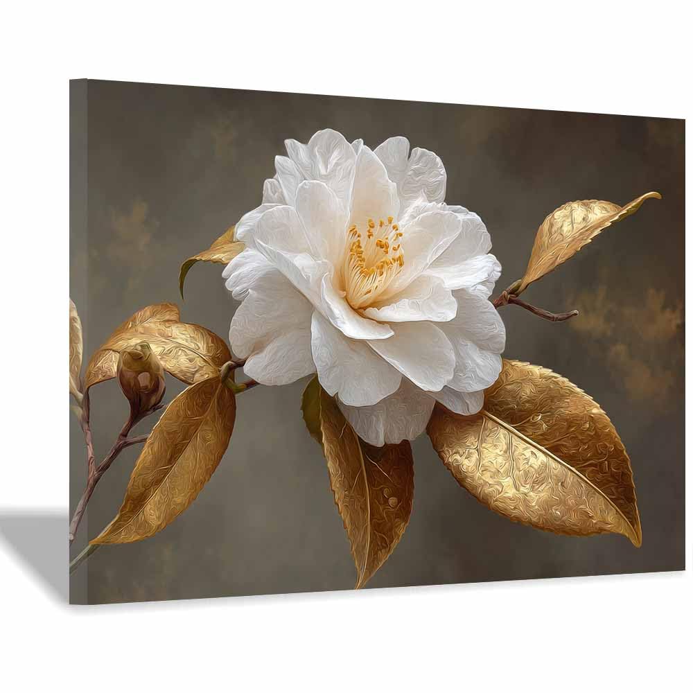 ZAMAEIU Canvas Print Wall Art Petals withs leaves Modern Nature Landscape Poster, for living room, bedroom,Corridor Office Room Decoretc.(white)-70x100cm Framed