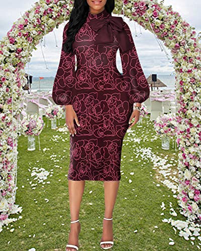 Image of Sexy Long Sleeve Dress for Women Solid Color Bow Knot Turtleneck Formal Gown Midi Casual Church Dresses