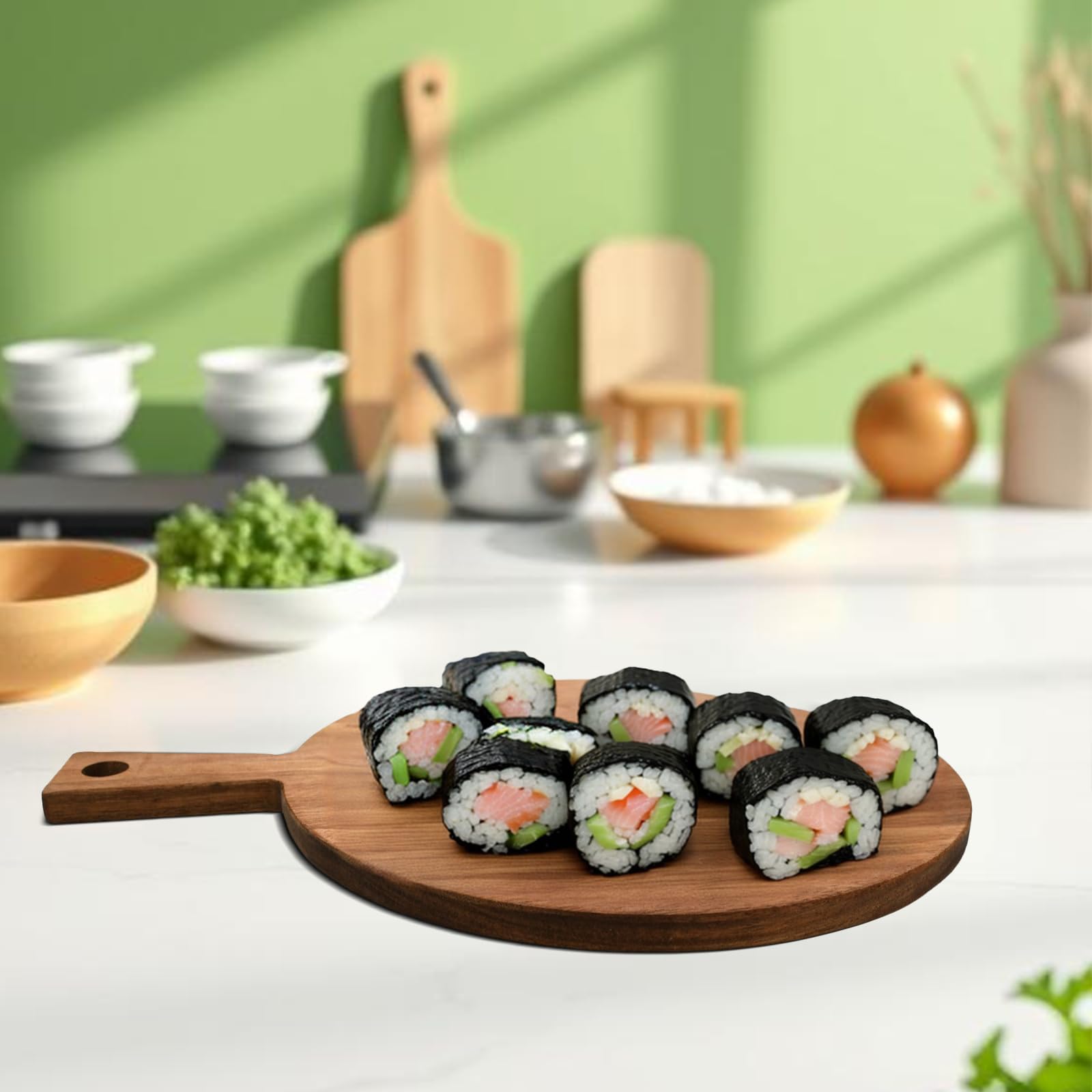 Tabla de pizza de madera de acacia redonda con asa, 30 x 40 x 1,5 cm, para sashimi, bistec y tartas