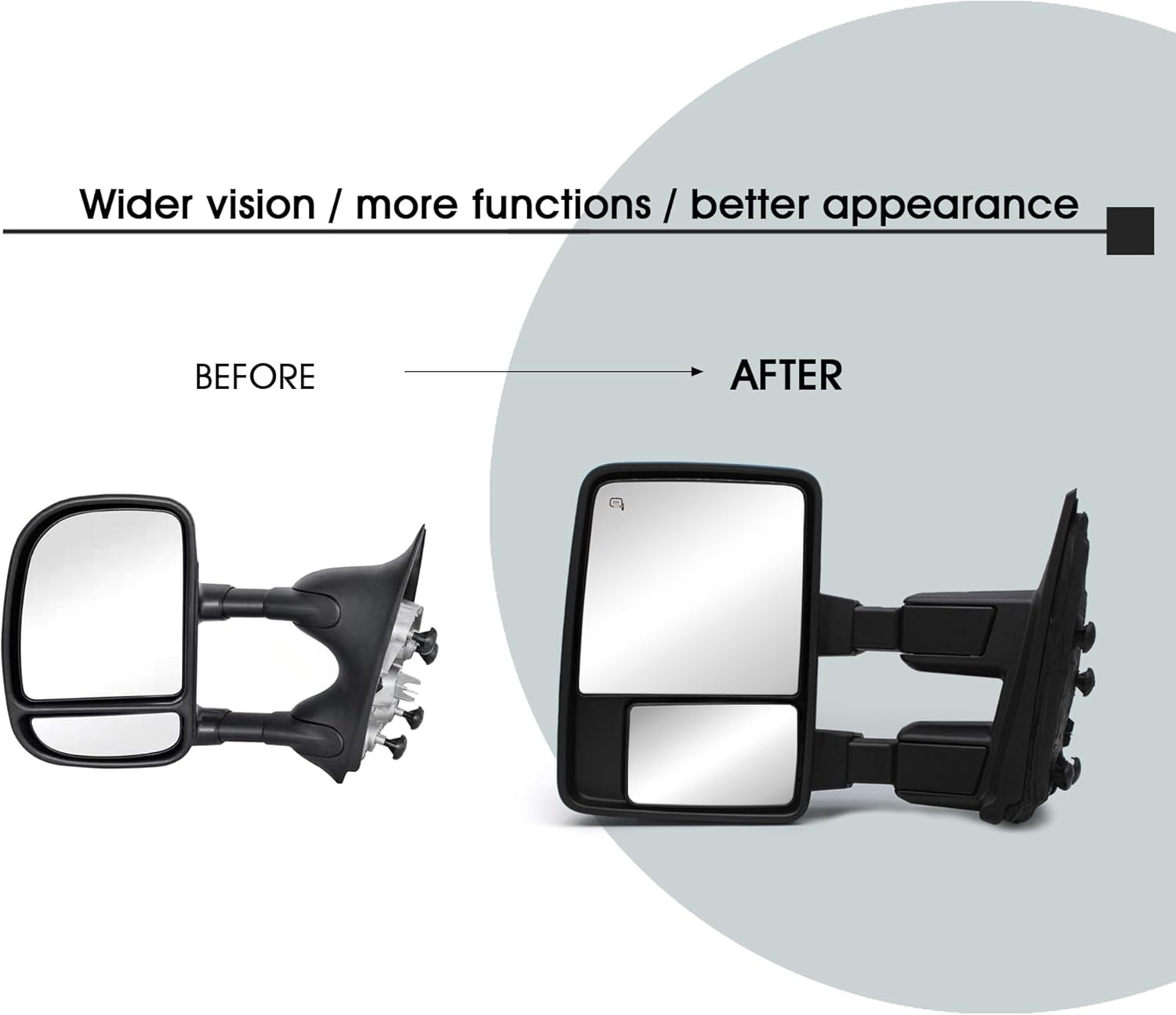 NEYASU Passenger Right Side Towing Mirrors fit for 2008-2016 Ford F250 F350 F450 F550 Super Duty Tow Mirrors Power Heated Defrost Temperature Sensor Amber Turn Signal Lights Manual Extendable Black