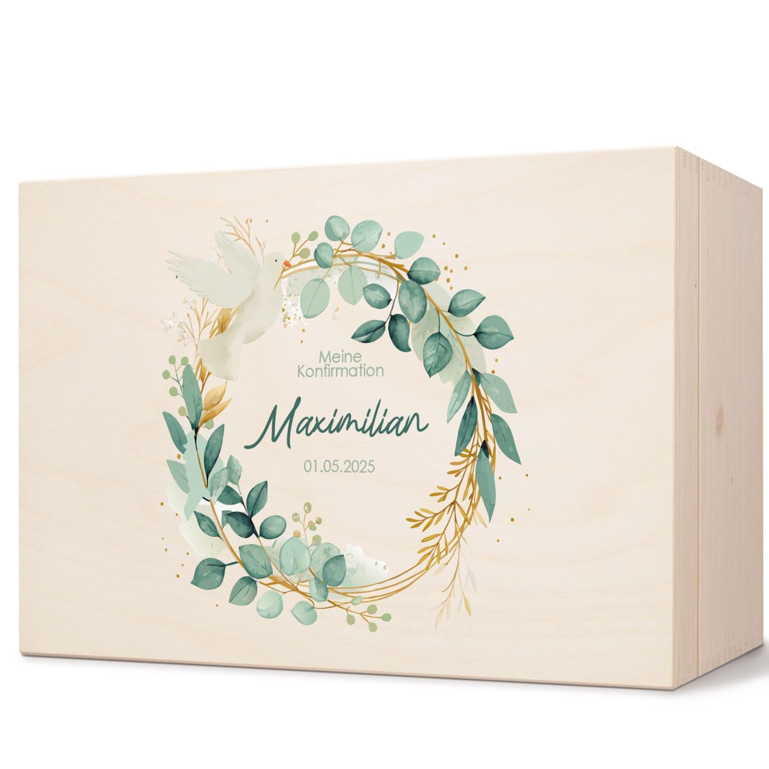 GRAVURZEILE Bedruckte Erinnerungskiste - Blätterkranz - Personalisiert mit Name & Datum - Erinnerungsbox für Mädchen & Jungen - Geschenk zur Kommunion, Konfirmation & Taufe - Erinnerungsbox