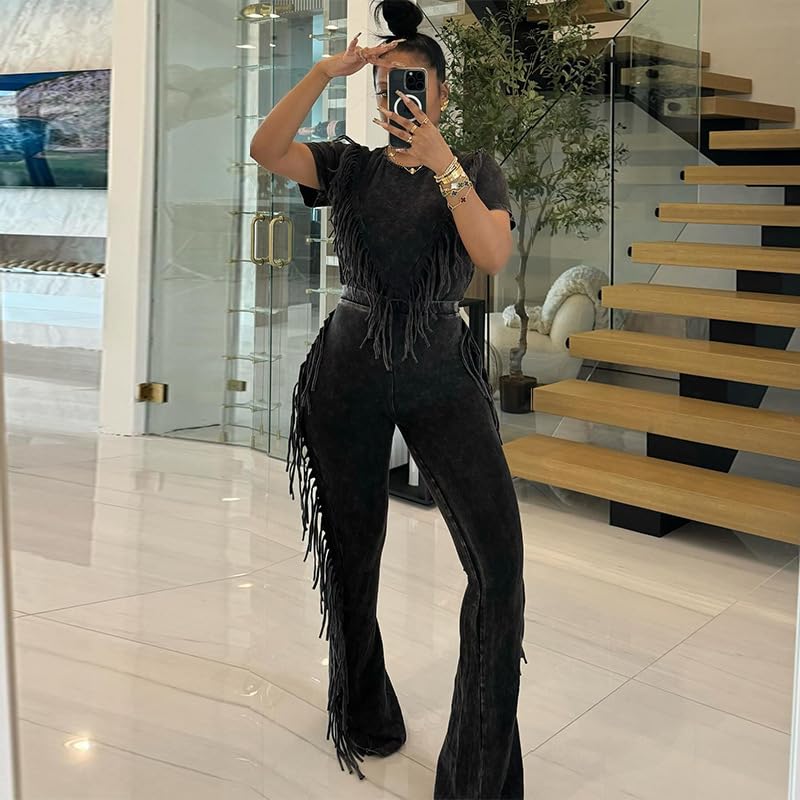 Womens Fringe 2 Piece Lounge Outfits Short Sleeve Crop Top Flare Pants Workout Sets Casual Sweatsuit4