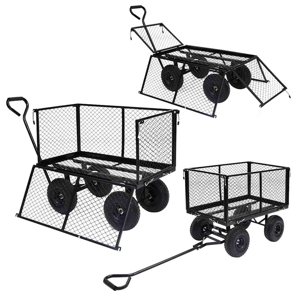 Gartenwagen Schwarz aus Stahl 86x46,5x97 cm mit 350 kg Tragkraft, Seitenwände zum Öffnen, PU-Gummiräder, Transportwagen für Garten, Sackkarre, Rollwagen, Trolley, Plattformwagen