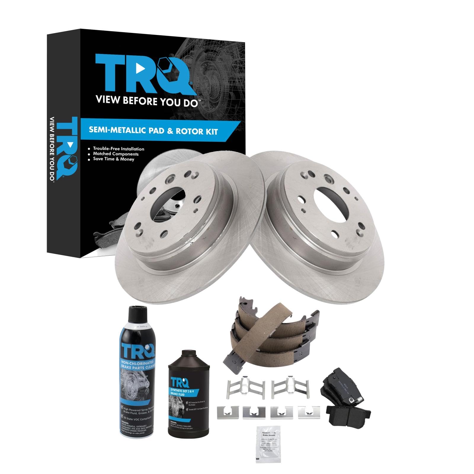 TRQ Rear Brake Pad &amp; Rotor Kit, with Chemical Kit Parking Brake Shoe Set Semi-Metallic Compatible with 2004-2008 Acura TL 2003-2011 Honda Element