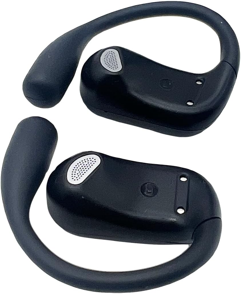 Close-up of two earbuds showing ear hook design