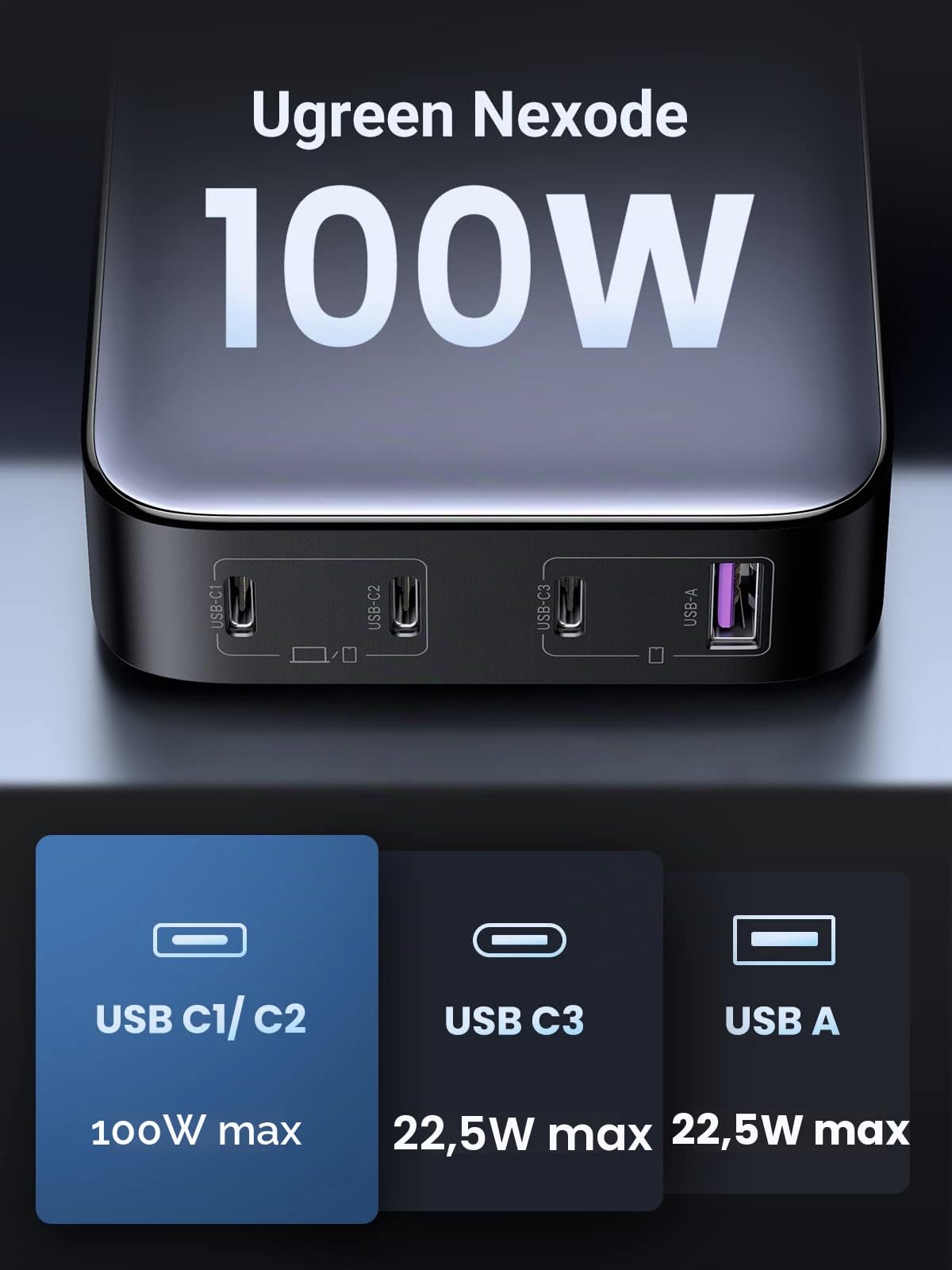 UGREEN Nexode 100 W - Caricatore USB C rapido da scrivania a 4 porte con GaN II Tech, compatibile con iPhone 16 Plus Pro Max 15 14 13 12 MacBook Pro Air iPad Galaxy S24 Ultra Plus 2M cavo di