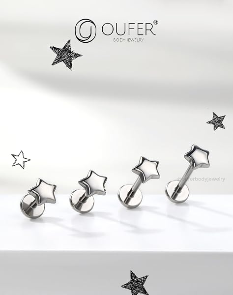 OUFER Body Piercing Helix Sutd 16G/18G/20G Titanium Star Labret Piercing Push-Pin Flat Back 0.8/1.0/1.2mm 5/6/8/10mm Silver Gold Lip Tragus Conch Cartilage Piercing Jewelry - 5