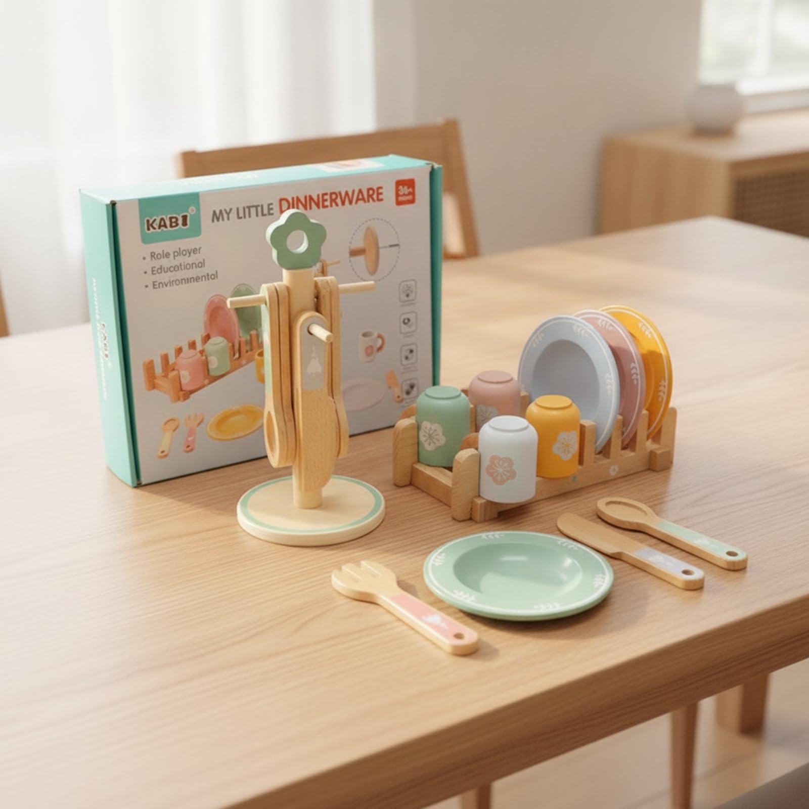 Qianly Set Cucina Giocattolo Bambini in Legno Stoviglie per Finzione con Piatti Bicchieri Posate Scolapiatti Ordinato Legno Liscio Adatto a Giochi di Ruolo Cameretta Regali
