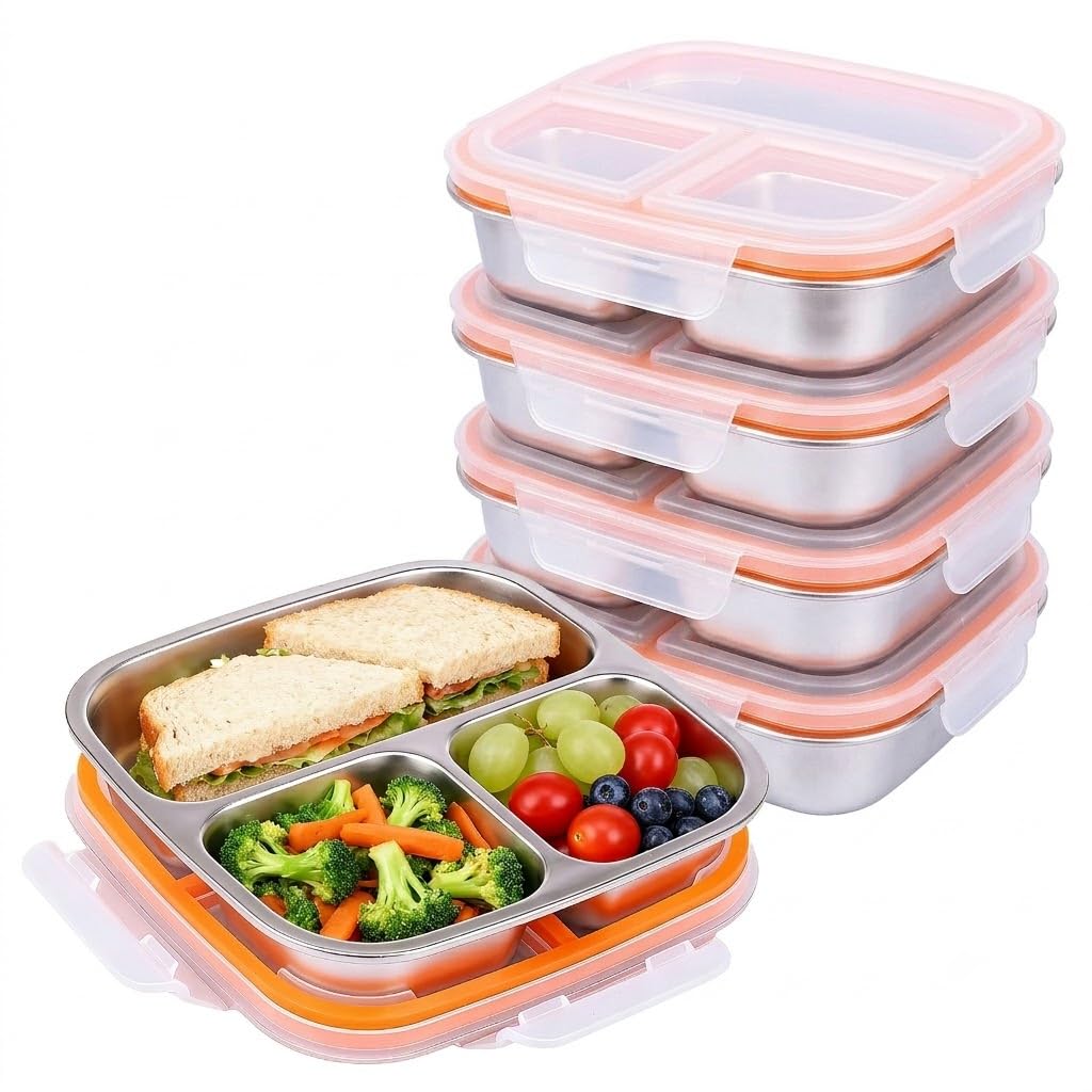 Lot de 4 boîtes à goûter en acier inoxydable. Snackbox étanche 600ml avec couvercle et 3 compartiments, boîte idéale pour école, bureau et pique-nique
