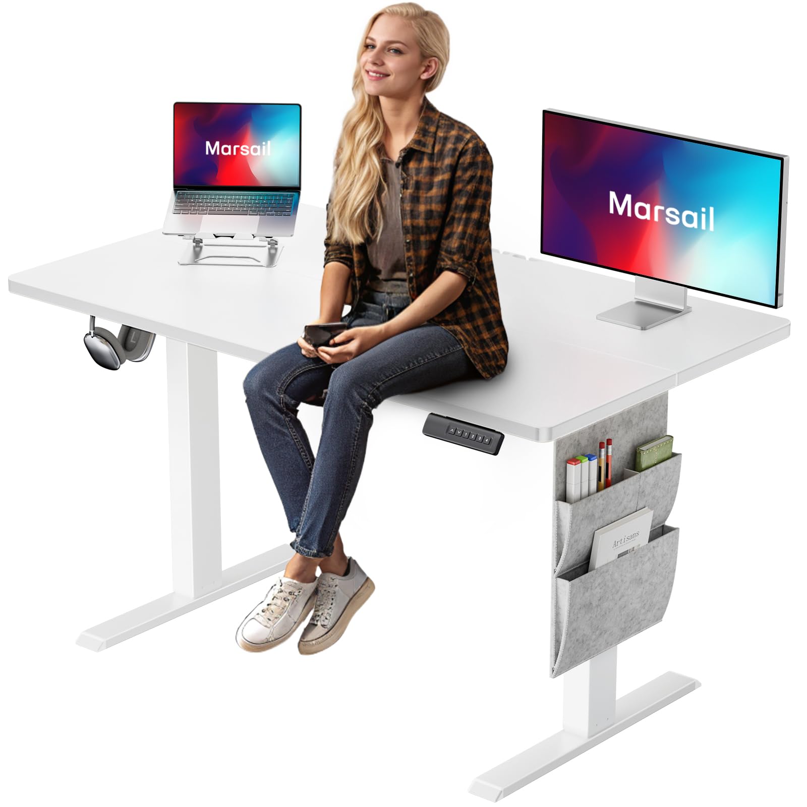 Marsail Standing Desk Adjustable Height Home Office Desk,‎48x24 Electric Standing Desk, Stand up Desk with Storage Bag,Headphone Hook for Computer Workstations Desk Memory Preset