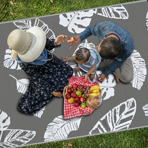 Image of Outdoor Reversible Rugs, Plastic Straw Area Mats, Modern Large Floor Rugs for RV, Patio, Backyard, Deck, Picnic, Beach, Trailer, Camping (Light Gray, 5'x8')