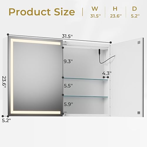 Miniatura 6 de Hasuit Botiquín de baño con luz LED armario de espejo montado en la pared con tira de alimentación espejo de baño con almacenamiento 315 x 236