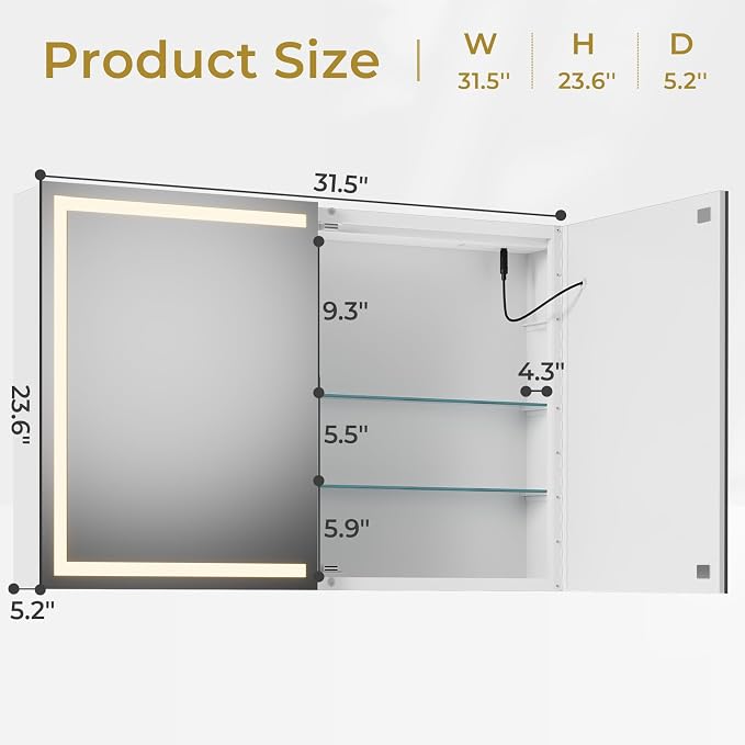 Botiquín de baño con espejo y luces LED 31.5'' x 23.6'' miniatura 3